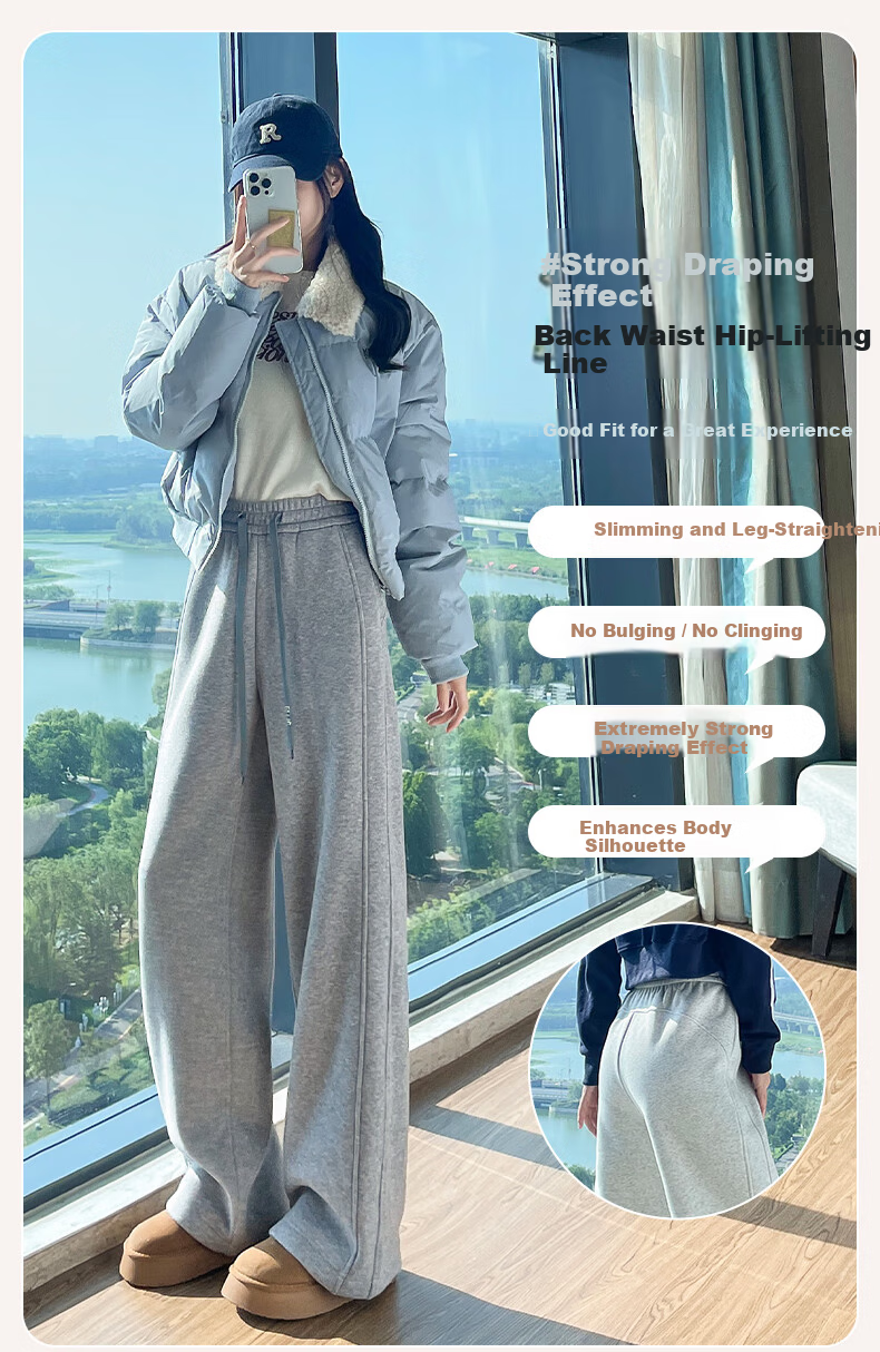 Miiow Women's Casual Wide-Leg Sweatpants 2026 Spring Summer Thin Loose Sports Pants Straight-Leg High-End Gray Slimming 8