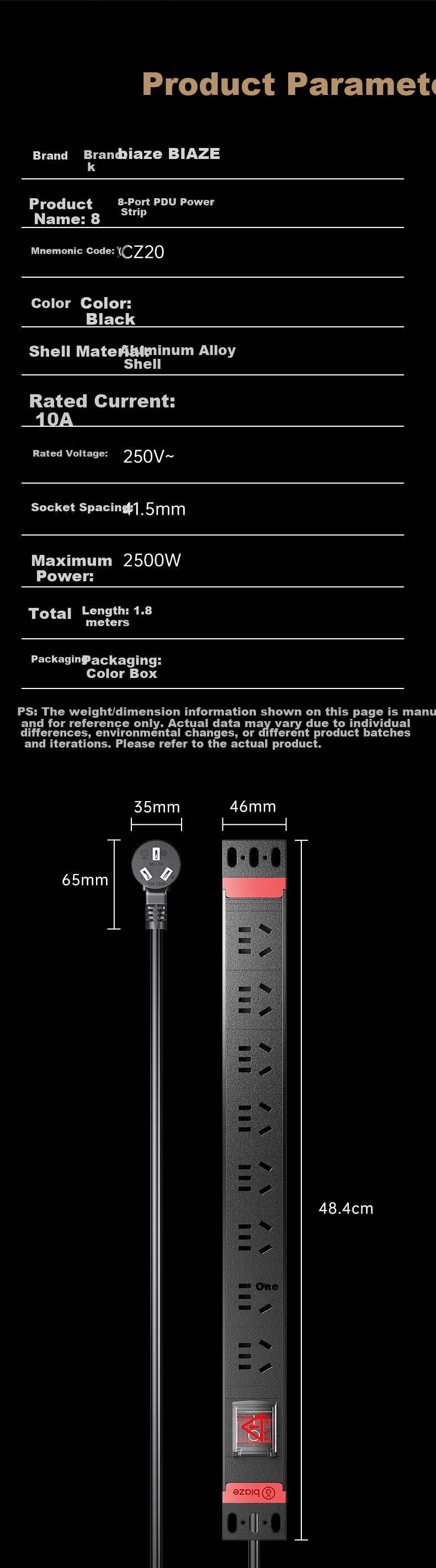 BIAZE PDU Desktop Gaming Cabinet Power Strip Socket Extension Board 8-Outlet Master Control 1.8m Cable 12