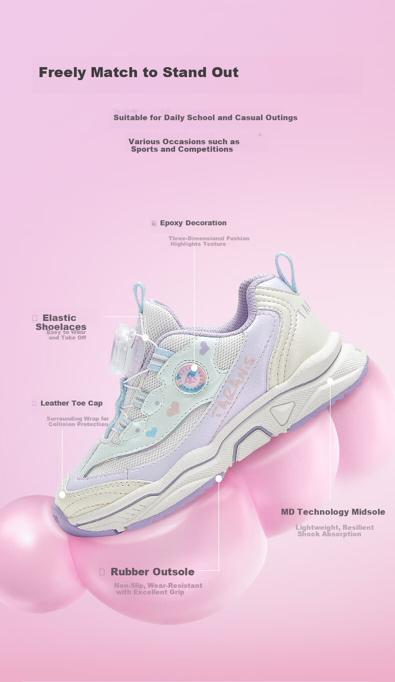 TARANIS Spring Kids Sports Shoes Fashion Dial Girls Running Shoes Breathable Dad Sneakers White/Purple Size 28 2