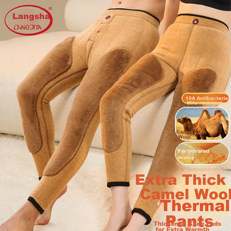 Langsha Extra Thick Thermal Camel Hair Silk Warm Pants Unisex Autumn Winter Fleece Lined High Waist Antibacterial Cold Protection Knee Support Thermal Leggings