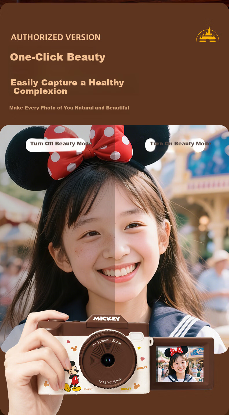 Disney Retro CCD Digital Camera with Flip Screen, Image Stabilization, Beauty Mode – Student Gift for Girlfriend's Birthday 520 19