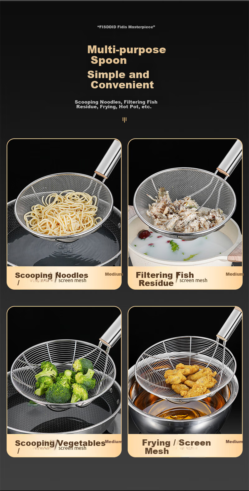FISDDIS Large Fine Mesh Skimmer 30 Mesh 24cm Strainer Net Ladle Kitchen Household Commercial Frying Skimmer 4