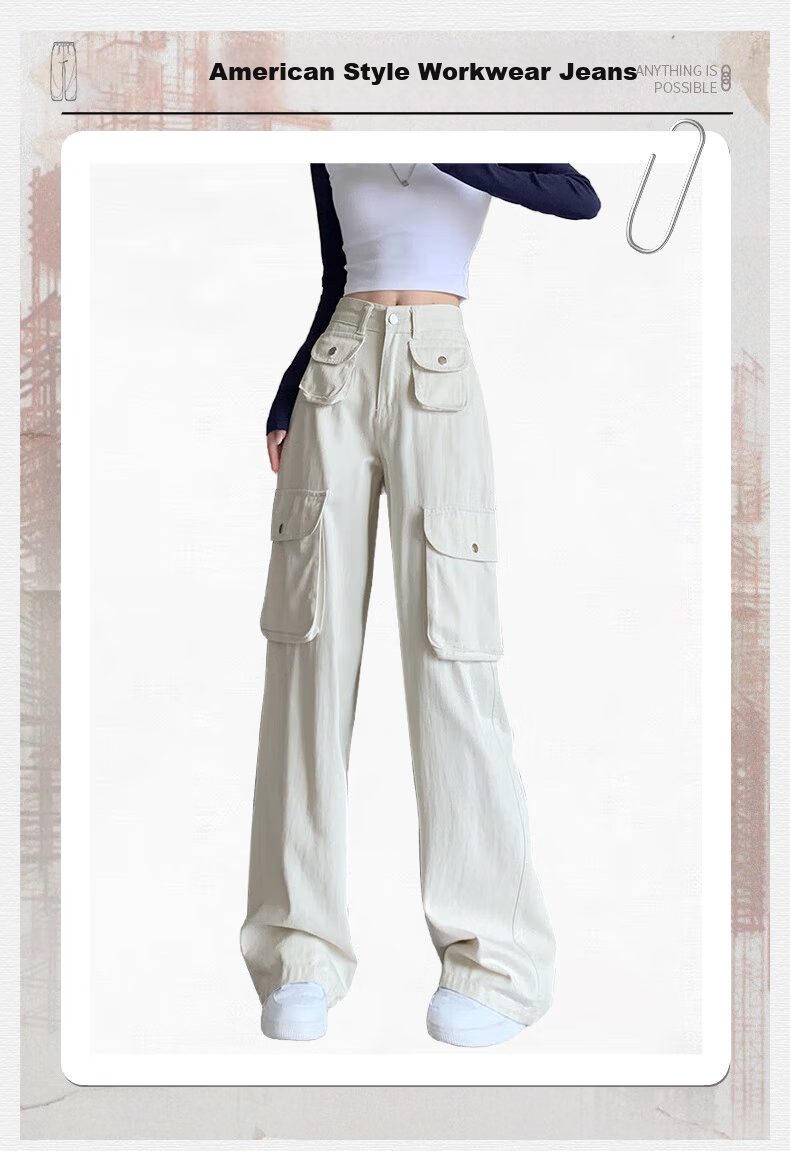 Langsha Women's Workwear Casual Cotton High-Waist Straight-Leg Trendy Pocket Wide-Leg American Style Spring Pants 1