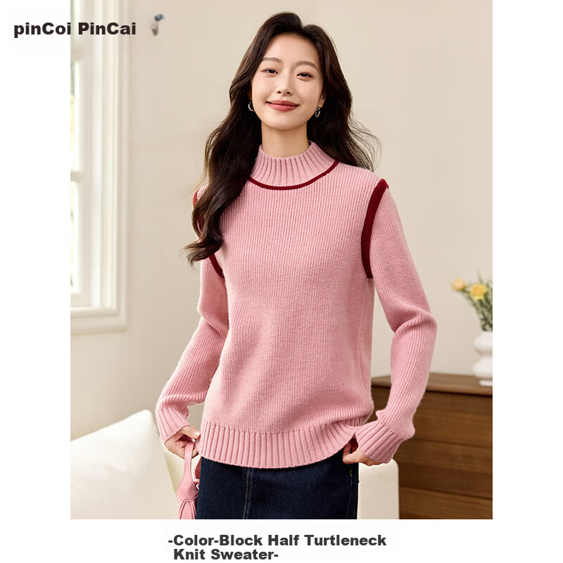 PinCai Women's Knitted Sweater Soft Pink Thick Pullover Half Turtleneck Knit Top P144Z9004
