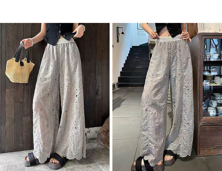 Demana Urban Light Vintage Embroidered Mesh Elastic Waist High-Waist Straight-Leg Slimming Casual Pants for Women 11