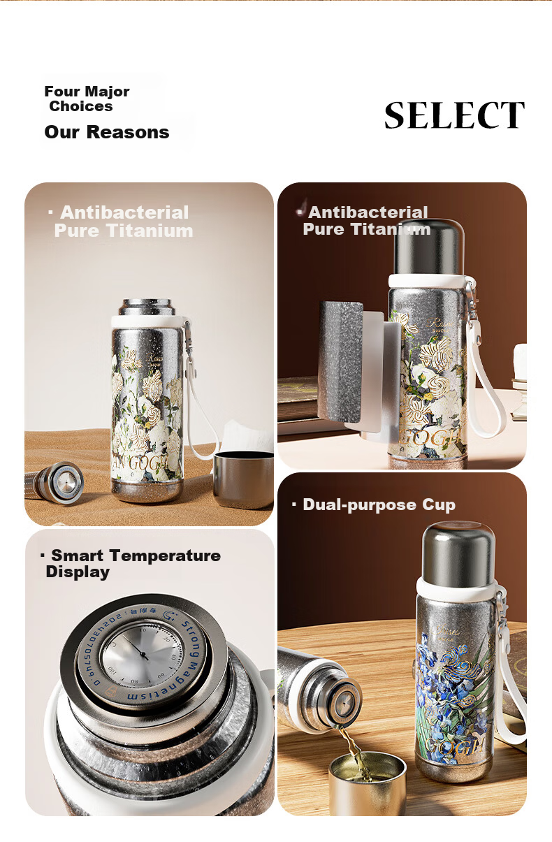 Daka Pure Titanium Insulated Thermos Van Gogh Collaboration Temperature Display Direct Drinking Tea Infuser Large Capacity Outdoor Stew Tea Cup Gift Mug 4
