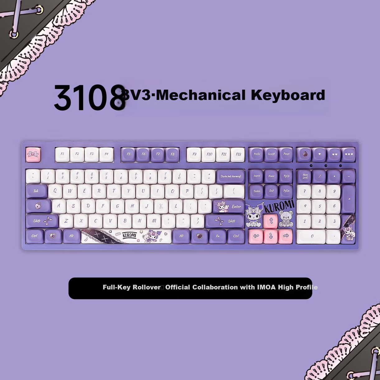 AKKO 3108 V3 Kuromi Collaboration Wired Mechanical Keyboard 108-Key Hot-Swappable Gaming Keyboard Office Keyboard Monochrome White Backlight High-Aesthetic Gift for Girls