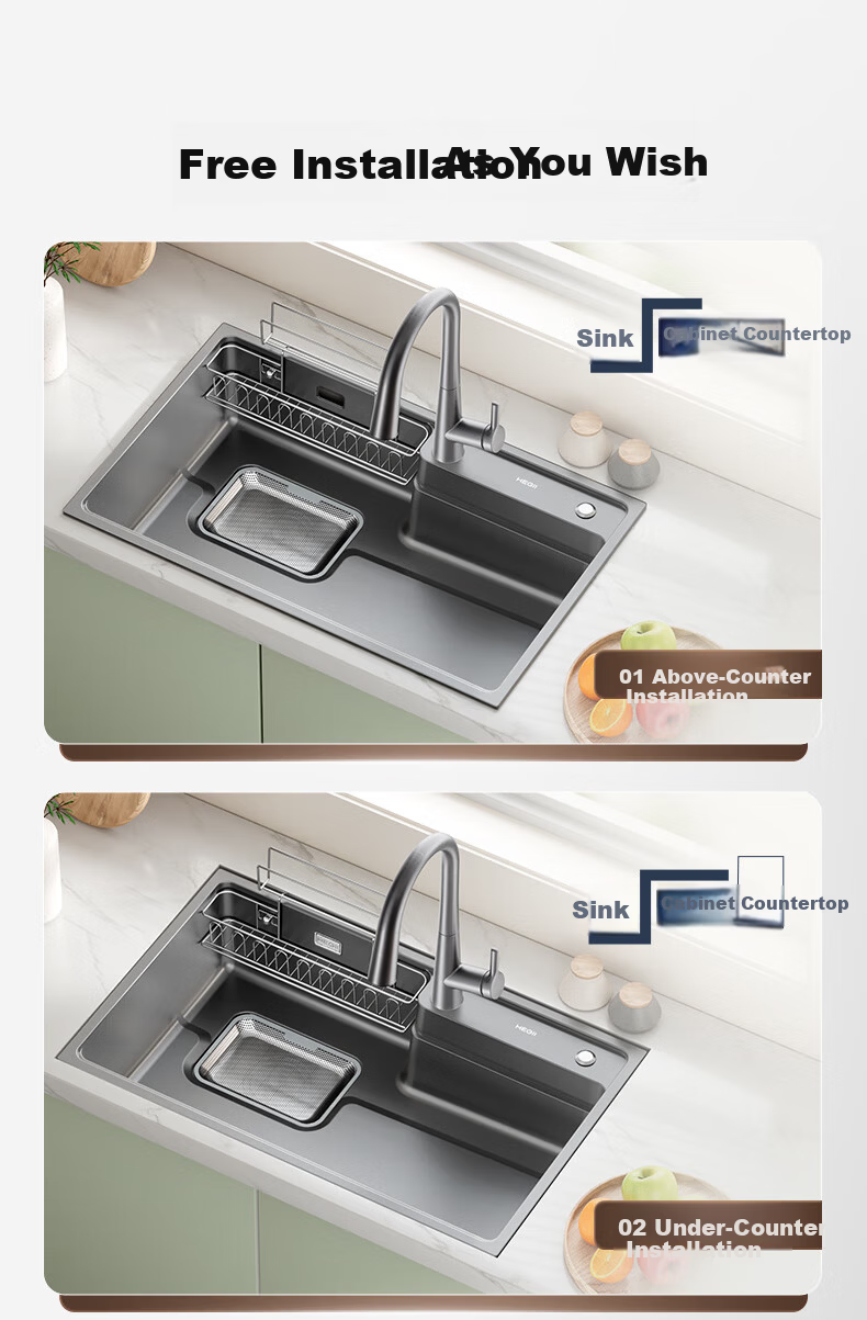 HEGII Single Large Sink Nano Air Cushion 3D Partition Stainless Steel Quick Drainage Kitchen Sink DMB192-078-SN 15