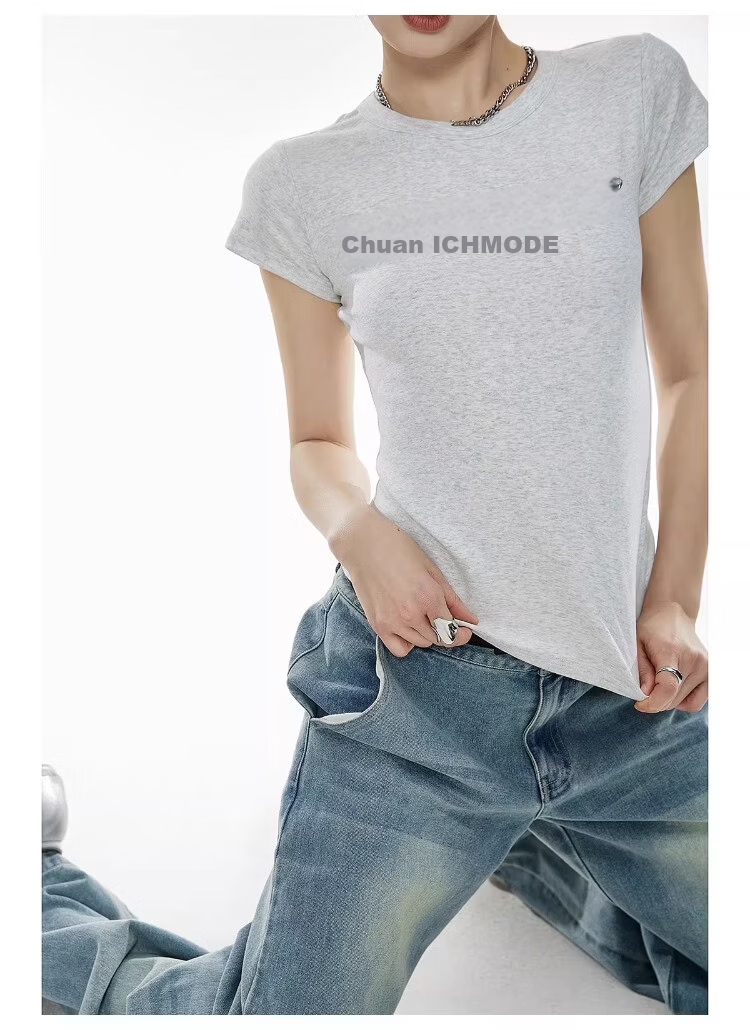 ICH MODE American Slim Fit Shoulder T-Shirt Women Summer New Short Crop Top Black L 25