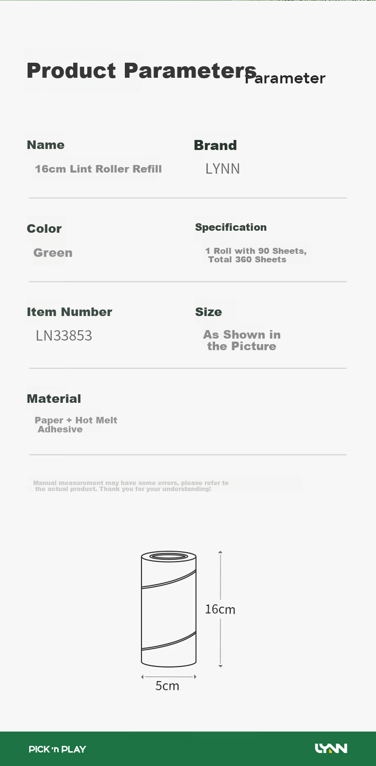 LYNN Universal Mite Removal Lint Roller Paper 16cm 4 Rolls 360 Sheets Replacement Sticky Paper for Lint Roller Cat Hair 12