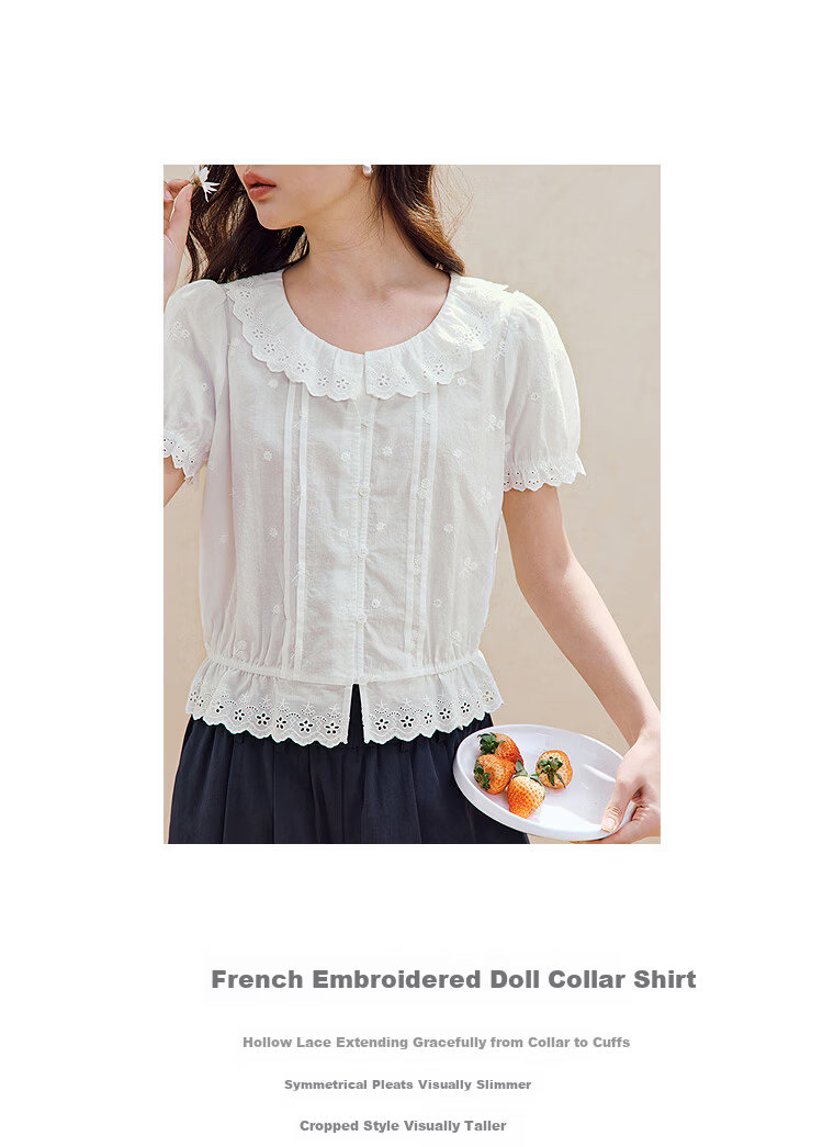 INMAN INMAN [Runway Style] Puff Sleeve Lace Peter Pan Collar Blouse, Summer 2026, Pure Cotton Short Sleeve, White, Size L 16