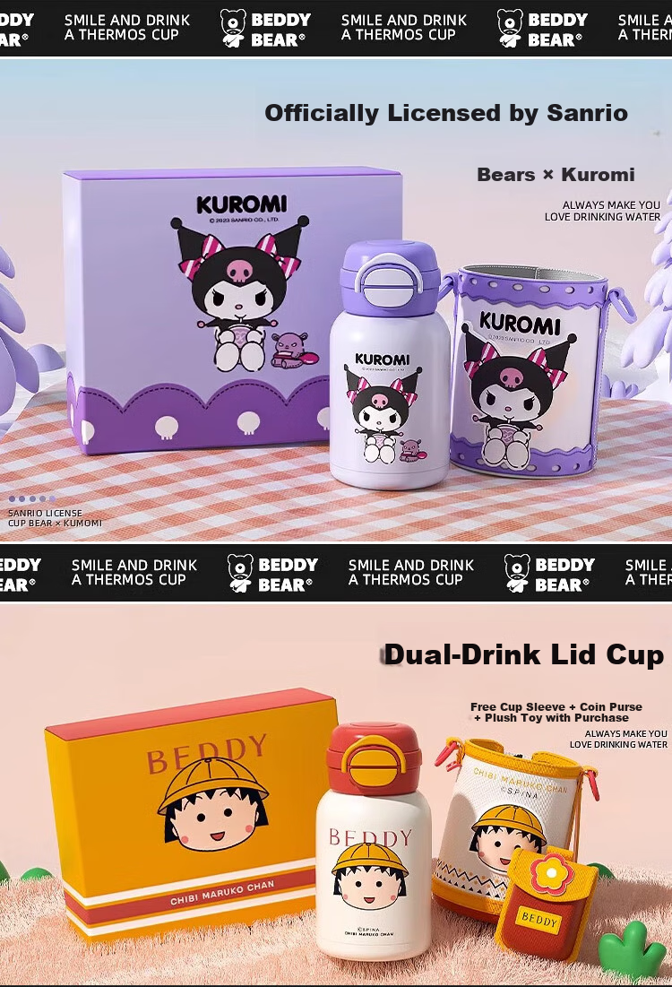 BEDDYBEAR Open Mouth Smile Dual Lid Kids Thermos Bottle with Straw 316 Stainless Steel Large Capacity Insulated Flask 600ML Kuromi 2
