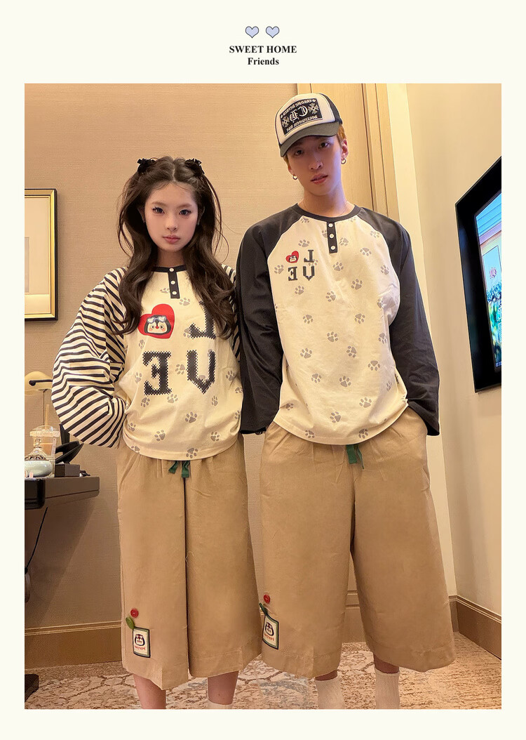 Gukoo Couples Spring Pajamas Small Penguin Print Striped Loose Raglan Sleeve Women's Homewear Set Men's Jade White S 15