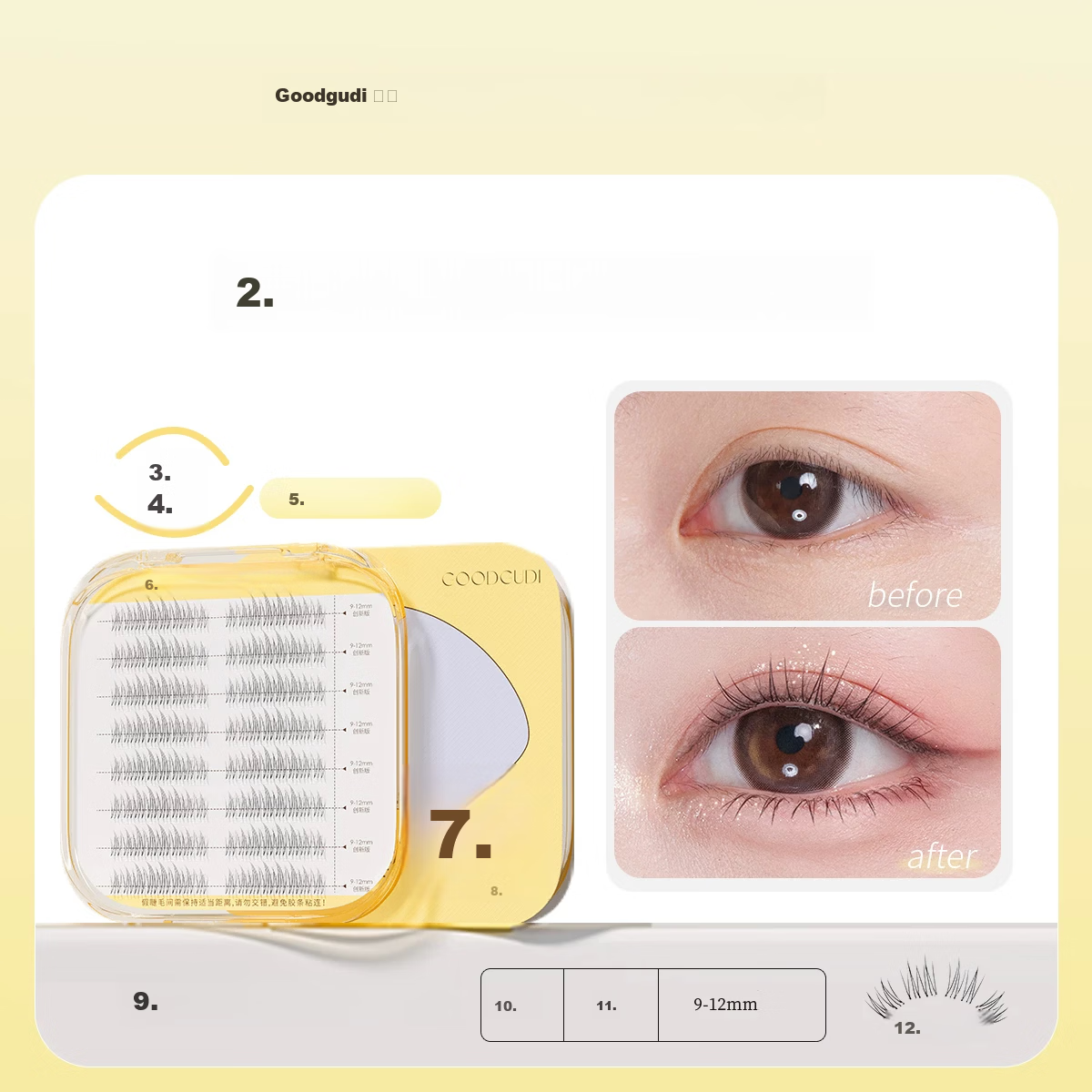 Goood Glue-Free 64-Cluster Ultra-Fine Korean Style Girl Group False Eyelashes, Individually Defined, Glue-Free Self-Adhesive, Formaldehyde-Free, Ultra-Natural Simulation