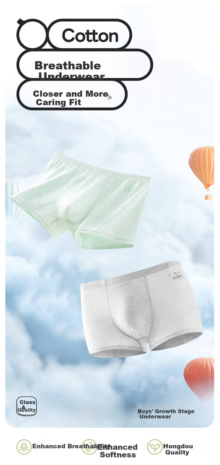 Hodo Boys' Children's Underwear Mid to Large Size Developmental Period Boxer Briefs Pure Cotton Antibacterial Comfortable Breathable Class A Cotton 4-Pack 1