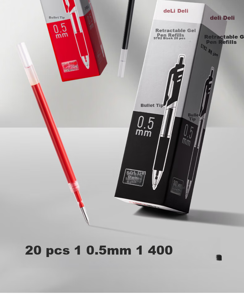 Deli 0.5mm Retractable Gel Pen Refills for Students, Compatible with S01/S08/1008/K35 and G-5, Black Bullet Tip, 20 Pieces/Box S782 3