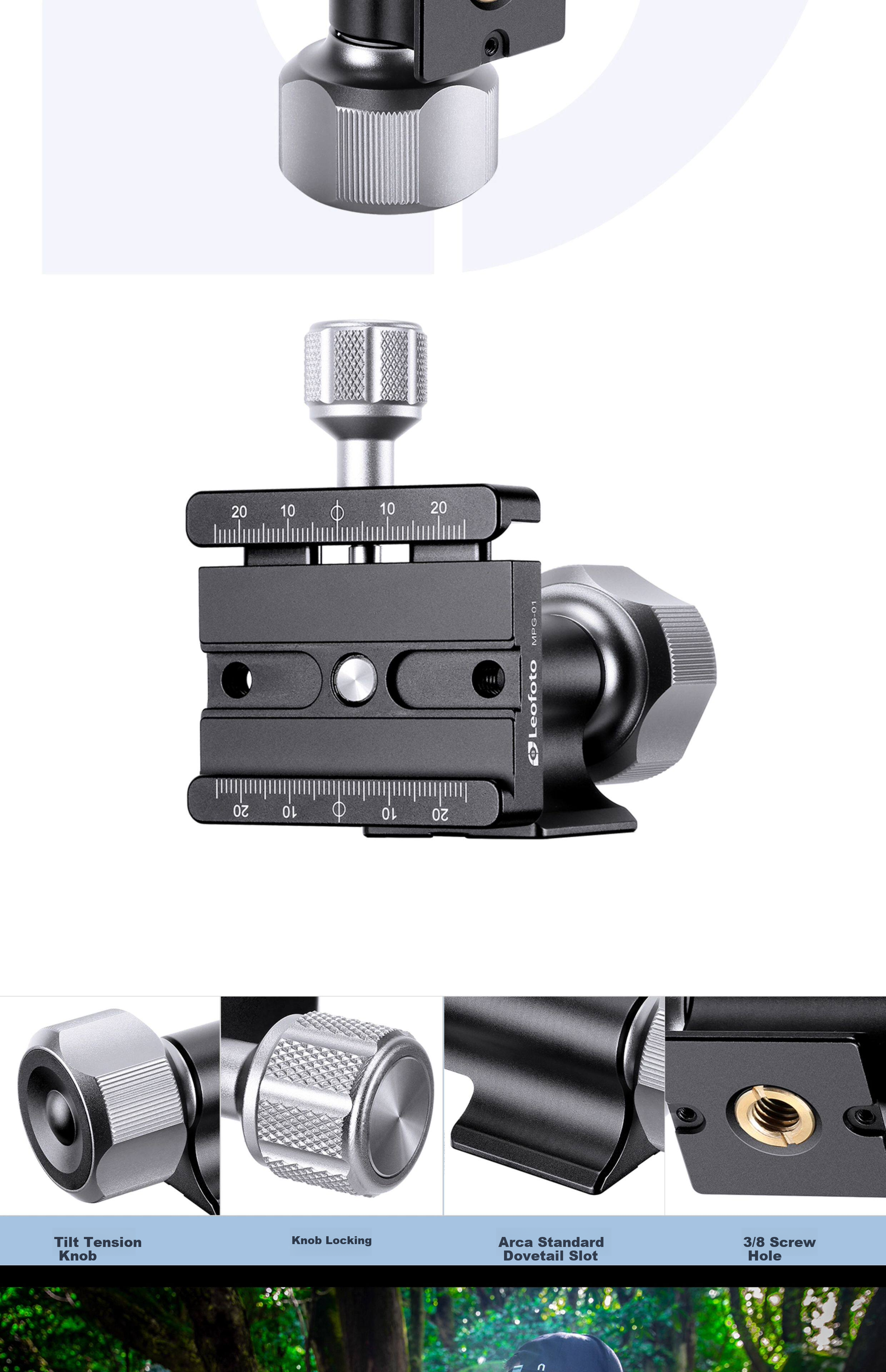 Leofoto MPG-01 Horizontal Monopod Pan-Tilt Quick Release Clamp Adapter for Arca Quick Release Plate Conversion Head Accessory 8