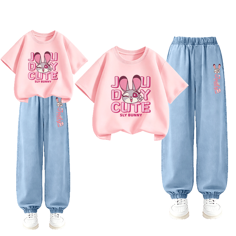 Disney Girls Summer Outfit Short Sleeve Tencel Jeans Winking Judy Pink + Judy Bunny Light Blue 160