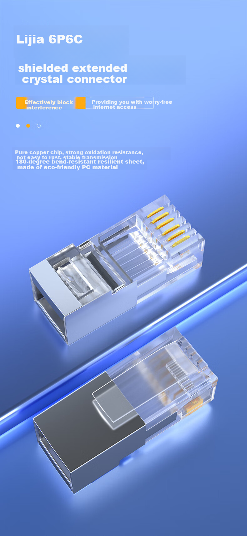 LIJIA 6P6C Shielded Long Crystal Head High-Quality 6P6C Voice Telephone Line Connector RJ12 Interface Crystal Head 6-Core Pure Copper Gold-Plated 10-Pack LJ-6FTP10 1