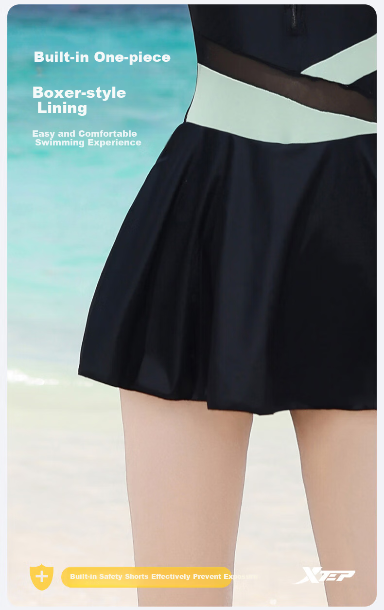 Xtep Women's Conservative Fashion Slimming One-Piece Skirt-Style Swimsuit for Beach Vacation and Hot Springs 4