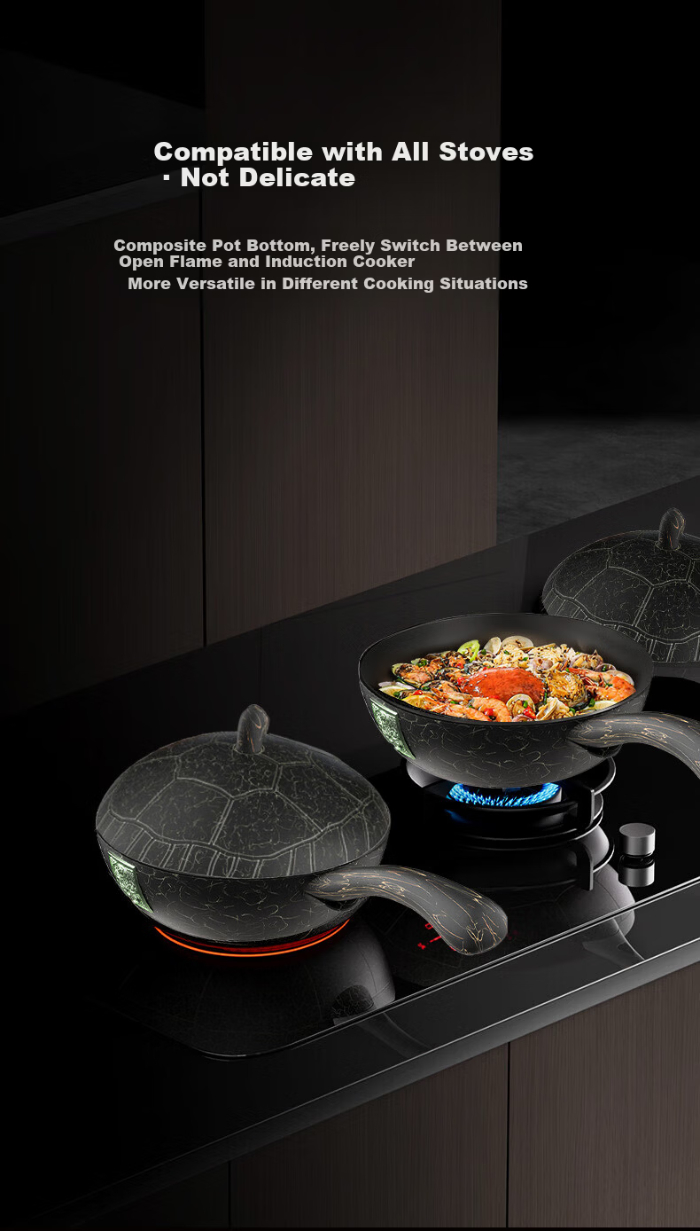 OLODE [Xuanwu Titanium Shield] Non-Stick Frying Pan Household Stir-Fry Pan Titanium Rock Cast Dragon Turtle Pan Compatible with All Stoves Low Oil Smoke 17