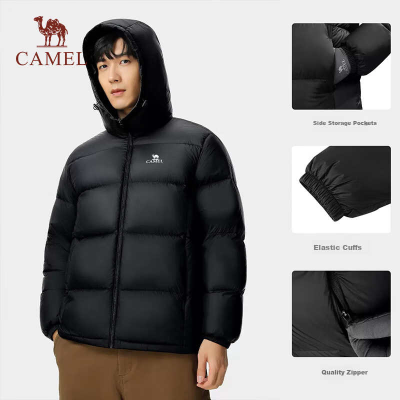 CAMEL Outdoor Short Down Jacket Water-Repellent Warm Puffer Coat PN121C Black, Men's M