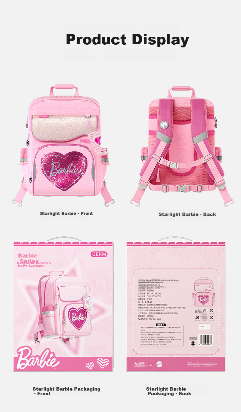 Germ Barbie Backpack for Elementary School Girls Grades 1-6 Lightweight Large Capacity Pink Ergonomic School Bag 10