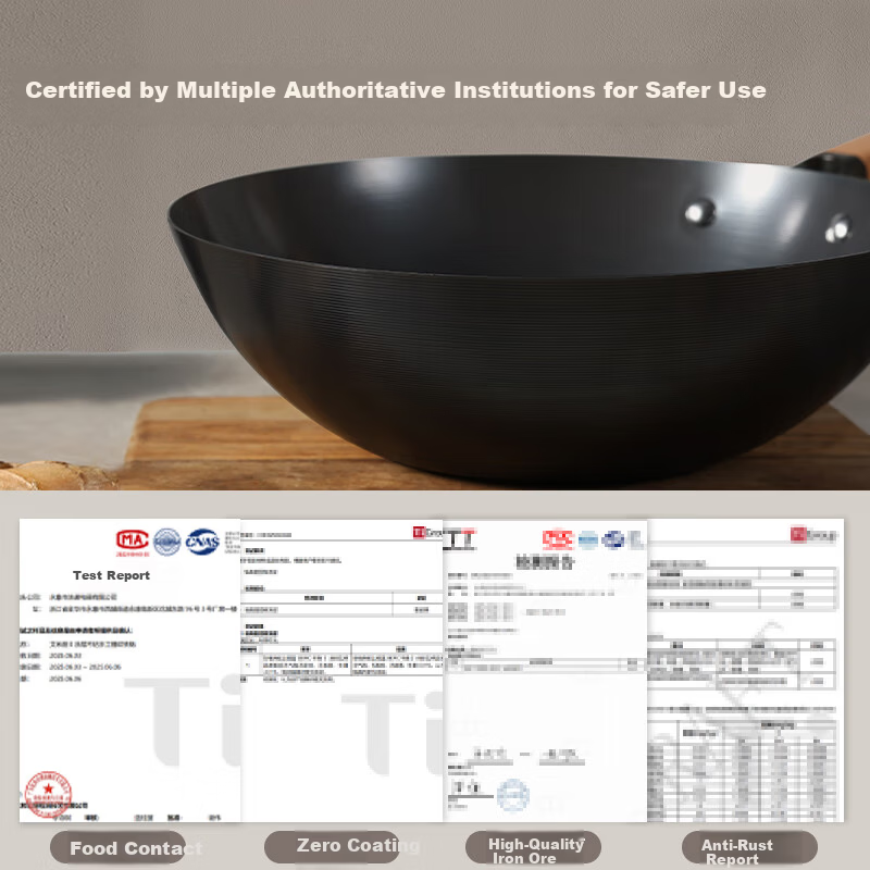 Carote Iron Wok, Home Cooking Pan, Non-Coated Non-Stick Pan, Suitable for Induction And Gas Stoves, Traditional Style, 32cm with Lid