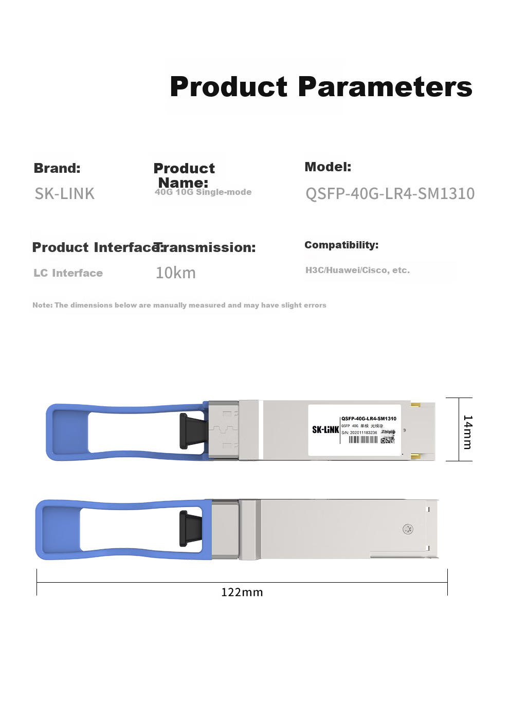 SK-LINK 40G Optical Module Multimode QSFP-40G-SR4-MM850 Fiber Module (850nm 100m MPO Interface) Compatible with Huawei 9