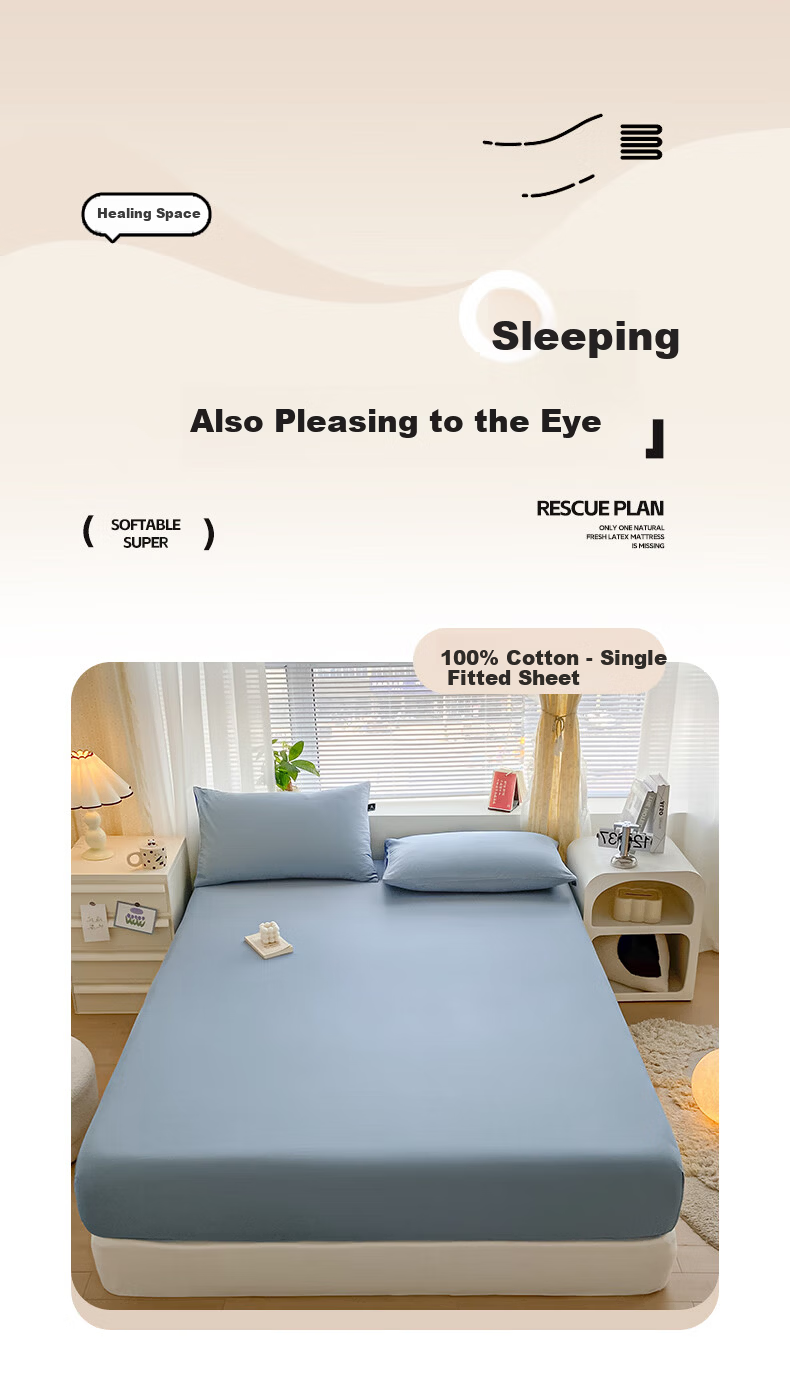 MUJI A-Class 100% Cotton Fitted Sheet Single Piece 1.5x2m Double Bed Cover Full Wrap Denim Blue 1