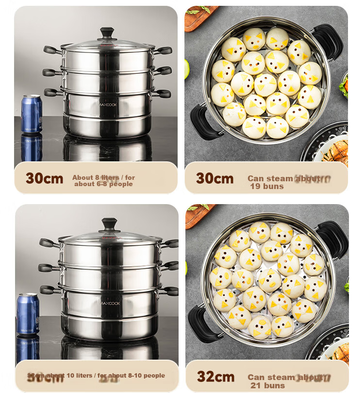 MAXCOOK Stainless Steel 3-Layer Steamer Pot 34cm Large Capacity Stew and Soup Pot Compatible with Gas Stove and Induction Cooker MCZ3709 8