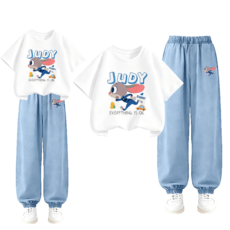 Disney Girls Summer Set Short Sleeve Tencel Jeans Judy Running White + Rabbit Running Light Blue 140
