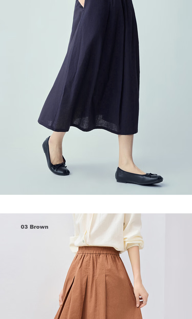 Giordano Women's Linen Skirt 2026 Spring New Cotton Linen Pleated Elastic Waist A-Line Midi Skirt 13466356 14