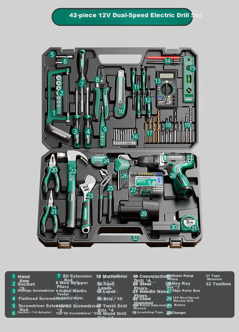 Green Forest 34-Piece 21V Impact Lithium Drill Set Multi-Function Household Toolbox Hardware Electrician Repair Kit 10