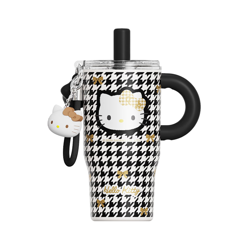 SANRIO Hello Kitty Houndstooth Black Gold Mini Insulated Tumbler 316 Stainless Steel with Straw 550ml