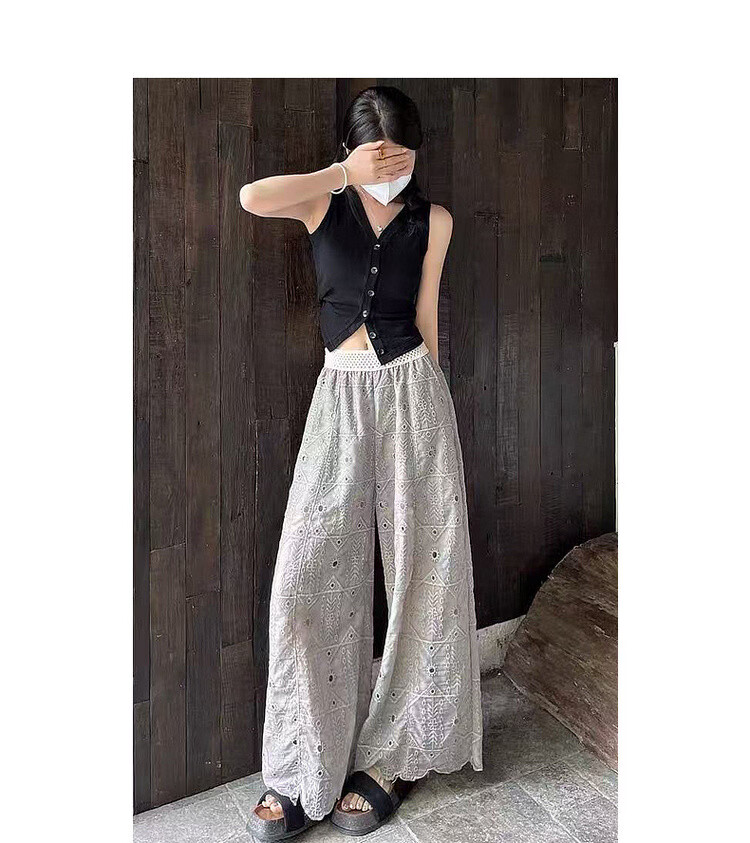 Demana Urban Light Vintage Embroidered Mesh Elastic Waist High-Waist Straight-Leg Slimming Casual Pants for Women 10
