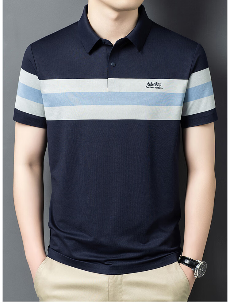 Edenbo Men's Short Sleeve Polo Shirt Spring Summer Four-Way Stretch Classic Striped Top Navy Blue 170/88A (L) 12