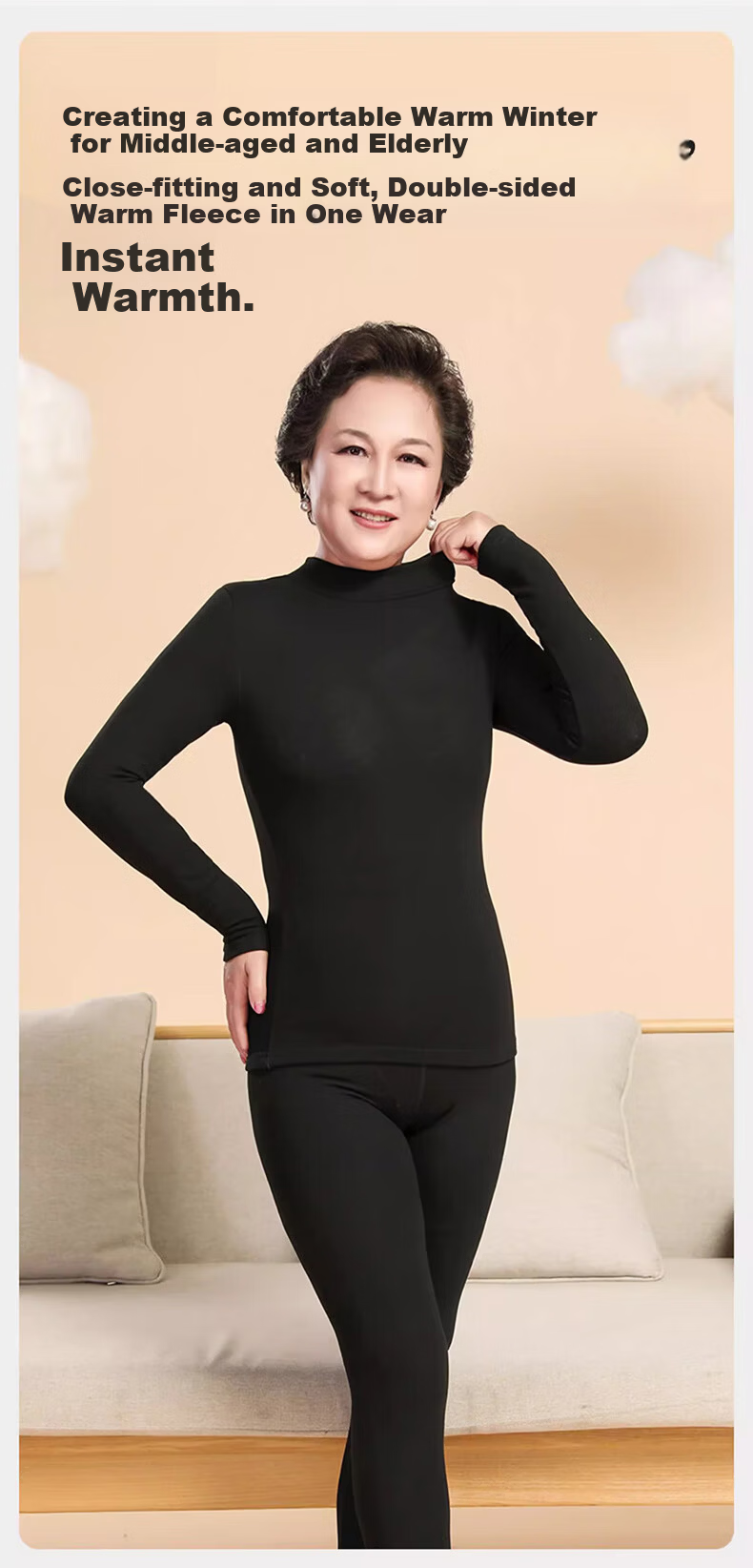 LangSha Women's Autumn Thermal Underwear Set Mid-Aged and Elderly Mid-Neck Windproof Warm Wool and Silk 7A Antibacterial Thin Warm Innerwear Set 30