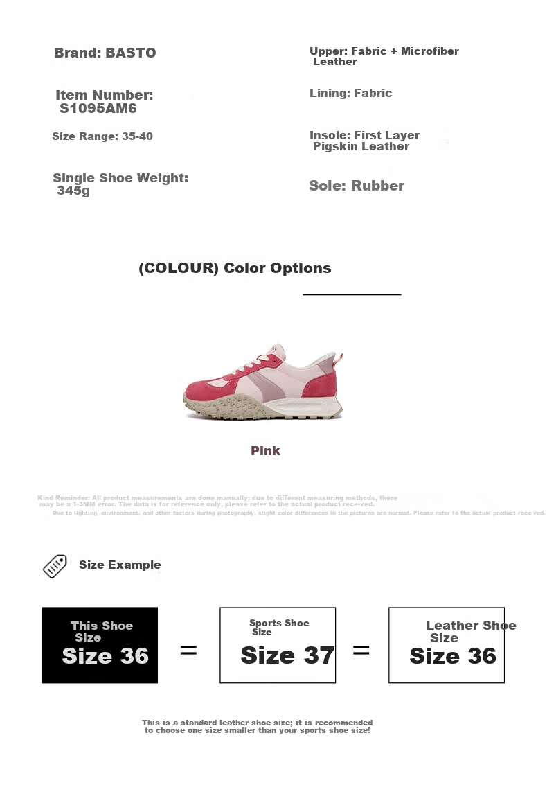 Basto Retro Colorblock Vibrant Sweet Cool Derby Shoes Lightweight Slip-On Versatile Trendy Casual Shoes S1095AM6 Pink Size 37 7