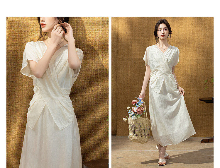 Demana Wrinkled Acetate Summer Elegant Luxury V-Neck Cross Waist Batwing Sleeve Lightweight Dress for Women High-End Feel 5