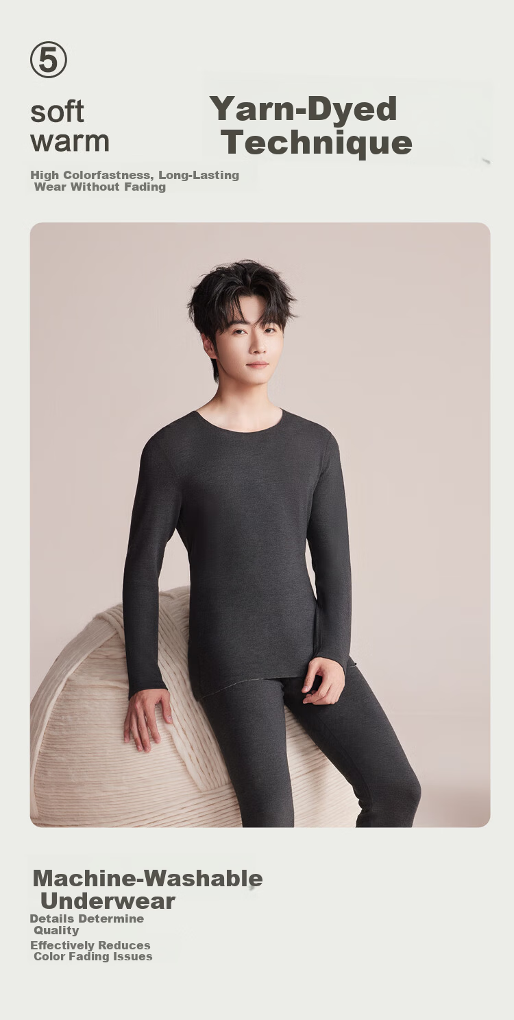 Hodo Home Seamless Thermal Underwear Set for Men Autumn Winter Color-Spun Fleece with Cashmere and Mulberry Silk 2