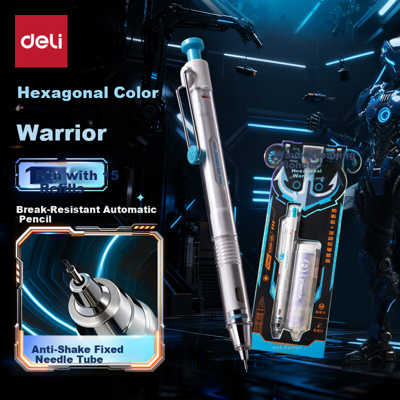 Deli 0.5mm/HB Hexagonal Warrior Anti-Break Mechanical Pencil (1 Pencil with 15 Black Crystal Leads) Student Stationery Exam Drawing Signature SS009-D05 Blue