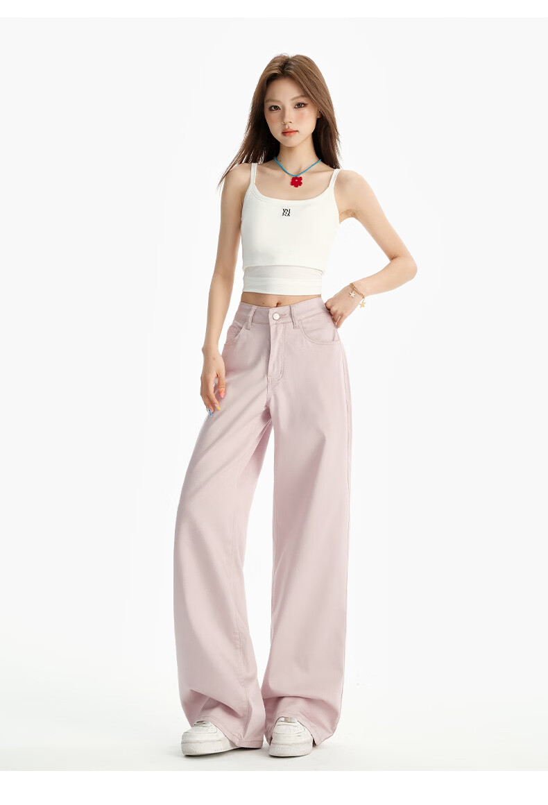 Jeanswest Women's Summer Thin Tencel Wide-Leg High-Waist Draped Ice Silk Straight-Leg Floor-Length Pink-Purple Tencel Pants L 19