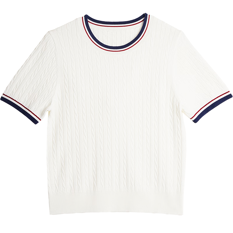 Olrain Women's Summer Casual Narrow Edge Color-Block Round Neck 3D Cable Knit Sweater Top White S
