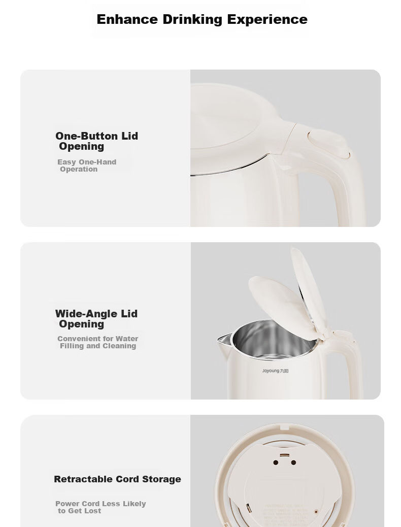 Joyoung ZMD Safe Series 2L Electric Kettle, One-Button Keep Warm, 304 Stainless Steel, Double-Layer Anti-Scald K20FD-W6391 15