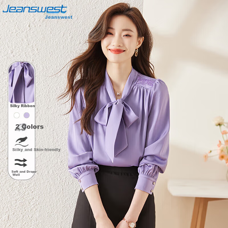 Jeanswest Women's Long Sleeve Shirt Spring Summer Top French Style Bow Tie Elegant Professional Blouse Purple L