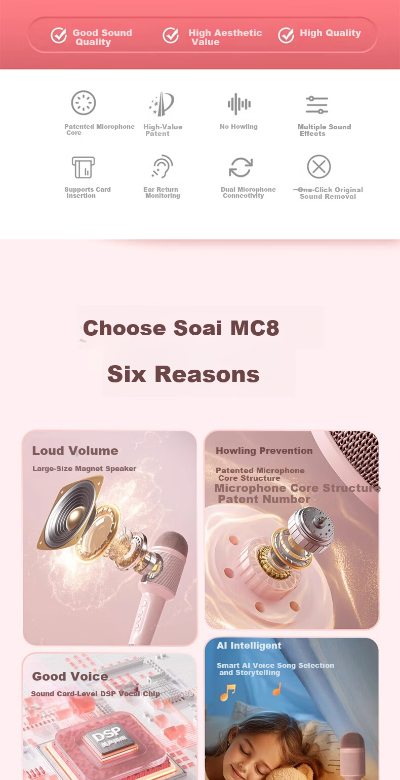 Soaiy Microphone Speaker All-In Wireless Bluetooth Karaoke TV Children's Birthday Gift Portable Handheld Karaoke Microphone for Home Use MC8MAX Pink 4