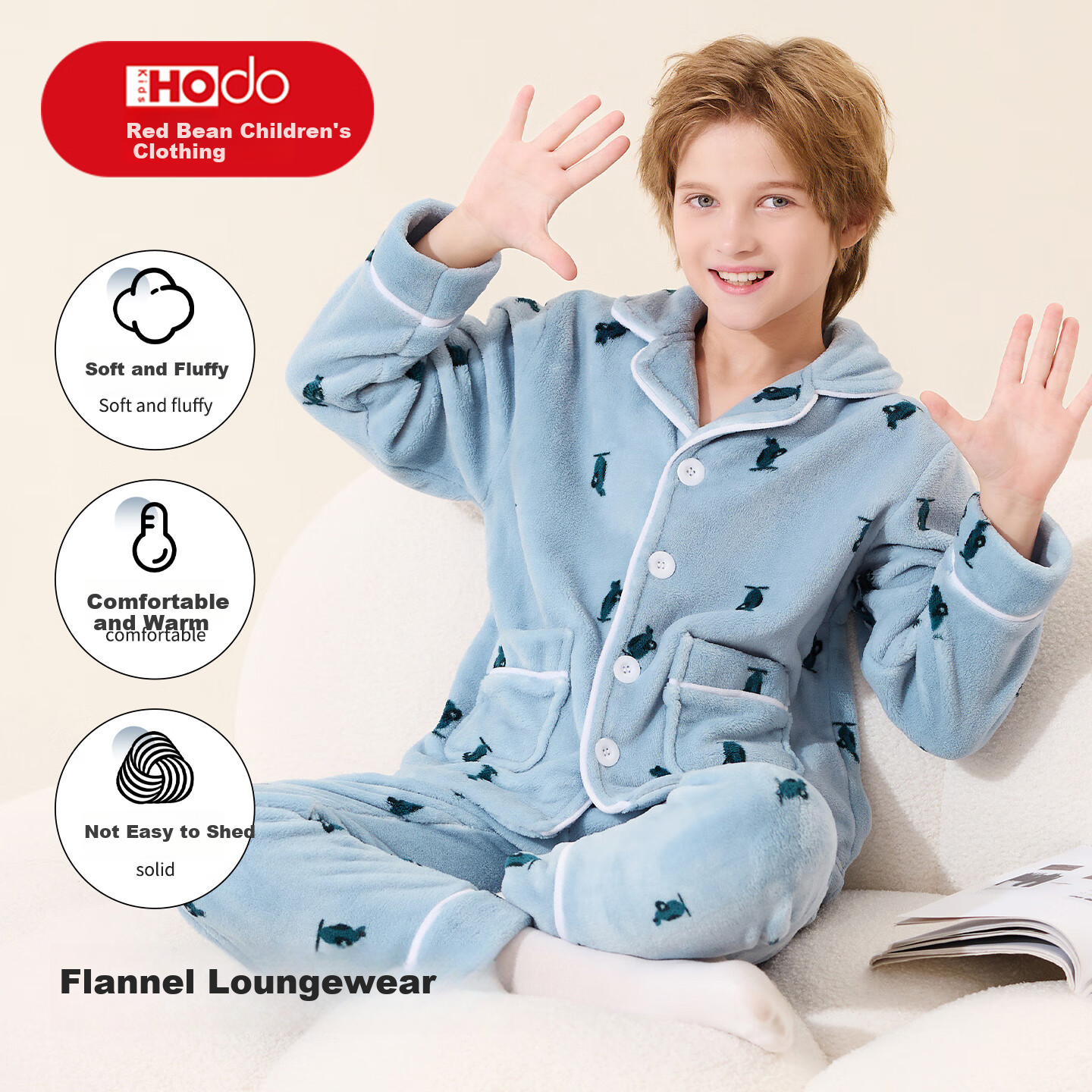 Hodo Children's Flannel Pajama Set Boys' Thickened Coral Fleece Cardigan Homewear Autumn Winter Outerwear Set