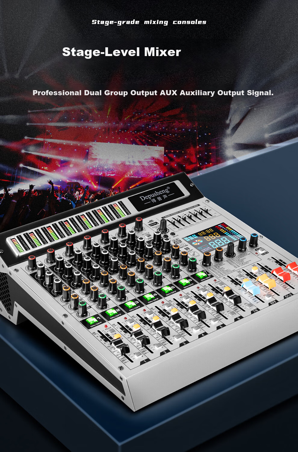 Depusheng 8-Channel Professional Mixer with Grouping, Stage Conference Wedding Bar Training Campus, 99 Digital Reverb Types, MP3 Bluetooth, 48V Phantom Power, Equalizer, USB Sound Card, AUX Output TX- 3