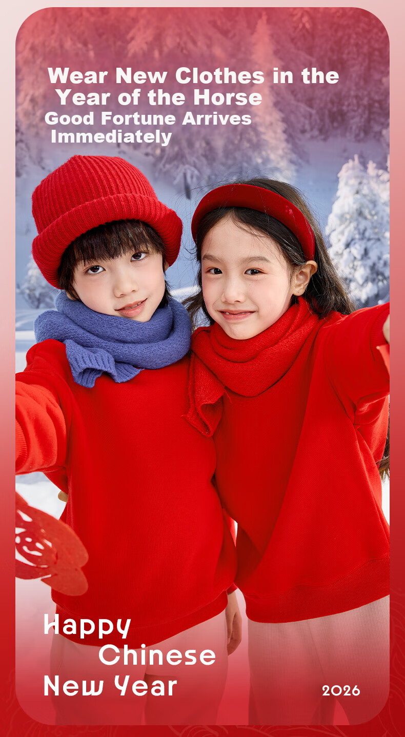 Jeanswest Kids Red Hoodie 2026 New Boys Year of the Horse Autumn Winter Fleece Lunar New Year Outfit Girls 2